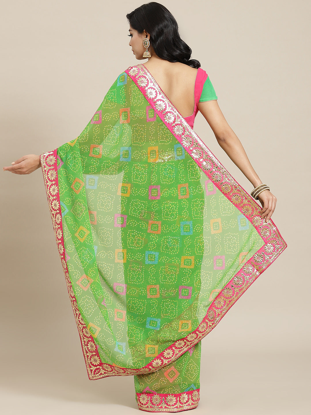 Green Bandhani Print Belted Saree with Multicolor Gotapatti Embroidery