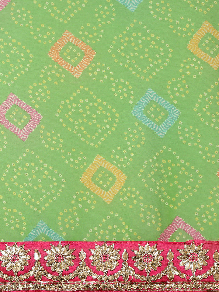 Green Bandhani Print Belted Saree with Multicolor Gotapatti Embroidery