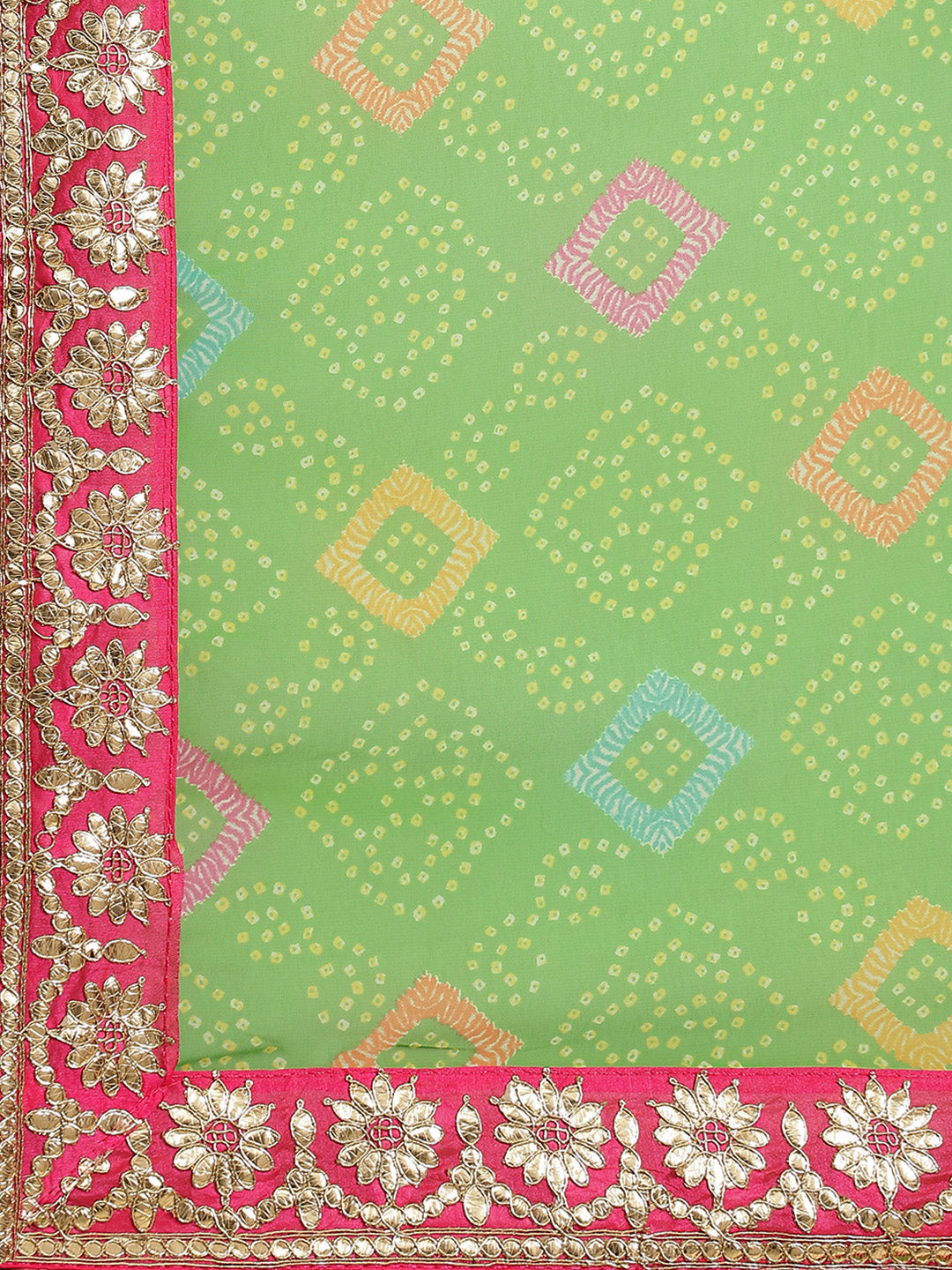 Green Bandhani Print Belted Saree with Multicolor Gotapatti Embroidery