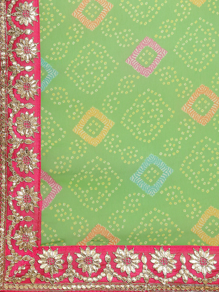 Green Bandhani Print Belted Saree with Multicolor Gotapatti Embroidery