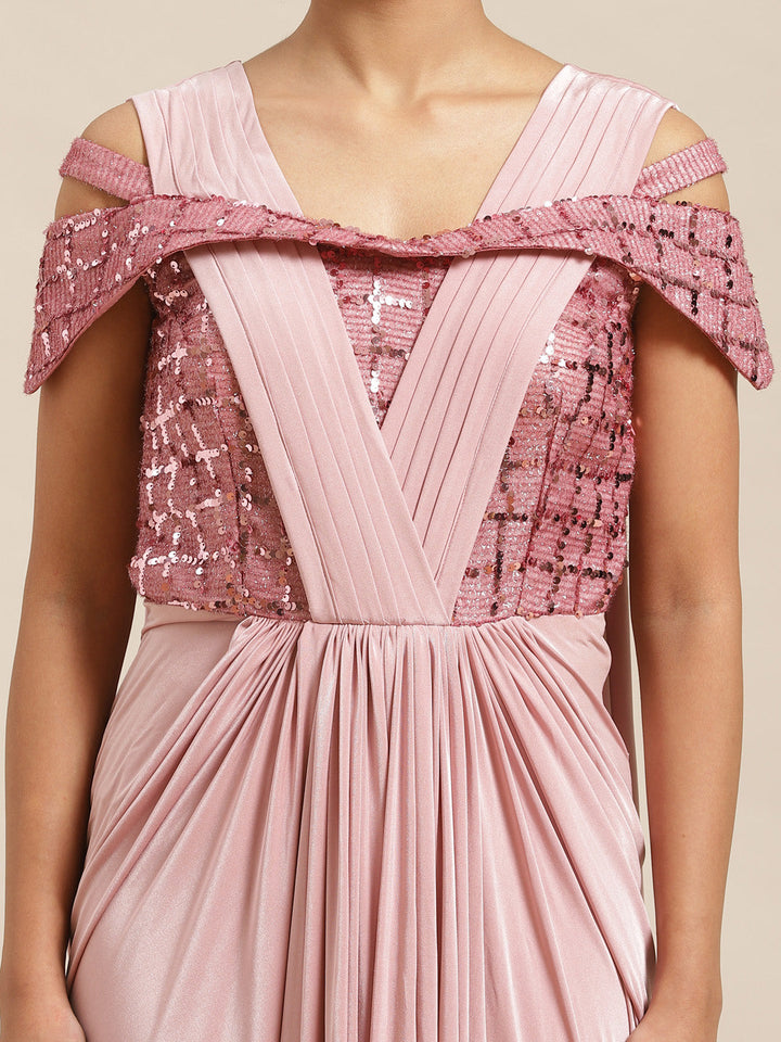 Ruffled Pastel Romance Pre-Stitched Saree Gown with Dhoti-style Drapes & Sequin Bling