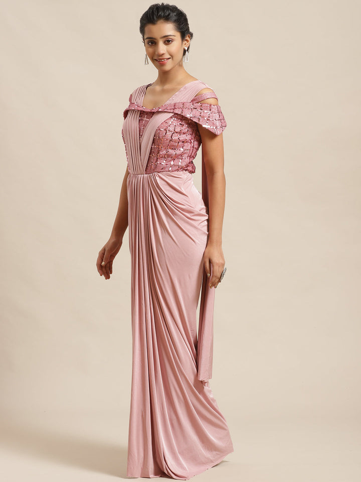 Ruffled Pastel Romance Pre-Stitched Saree Gown with Dhoti-style Drapes & Sequin Bling