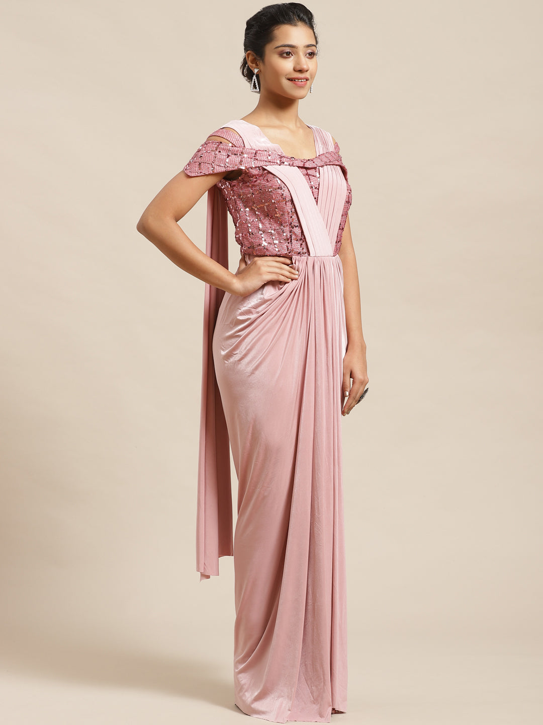 Ruffled Pastel Romance Pre-Stitched Saree Gown with Dhoti-style Drapes & Sequin Bling
