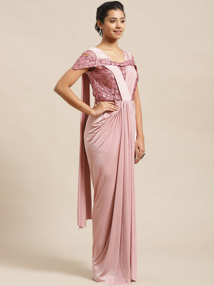 Ruffled Pastel Romance Pre-Stitched Saree Gown with Dhoti-style Drapes & Sequin Bling