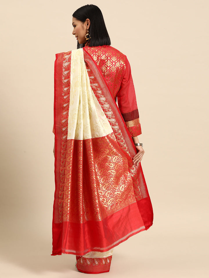 Off-White Paisley Zari Hand Woven Bengali Style Saree & Red Border