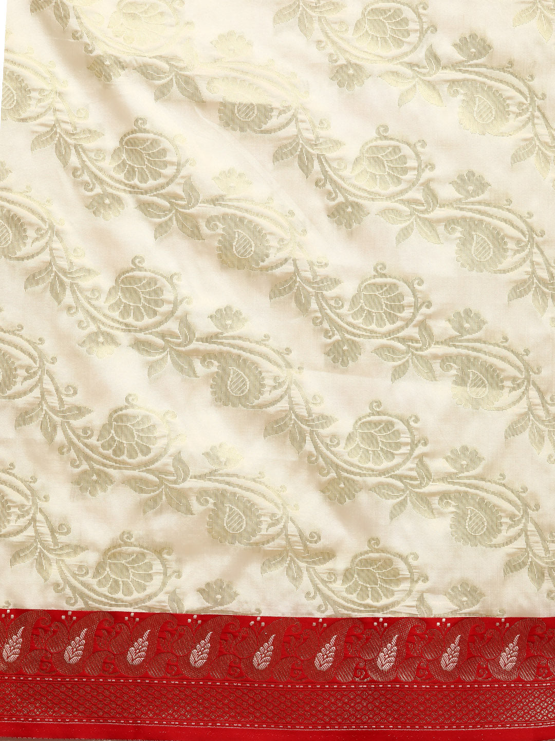 Off-White Paisley Zari Hand Woven Bengali Style Saree & Red Border