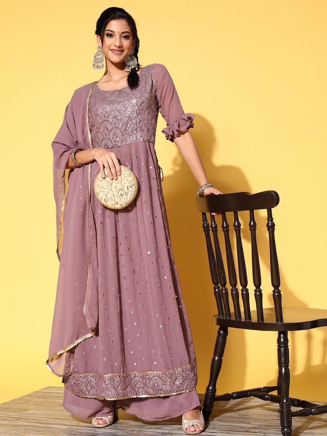 Mauve High Slit Nyraa Suit with Palazzo & Ruffled Sleeves