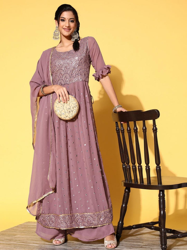 Mauve High Slit Nyraa Suit with Palazzo & Ruffled Sleeves