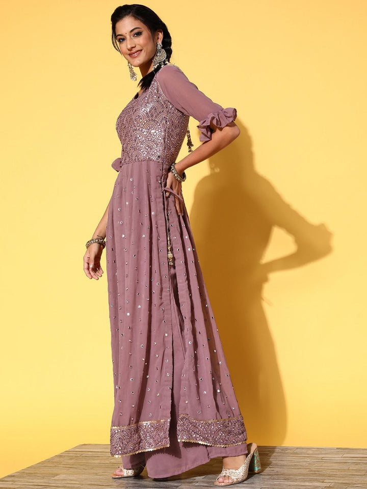 Mauve High Slit Nyraa Suit with Palazzo & Ruffled Sleeves