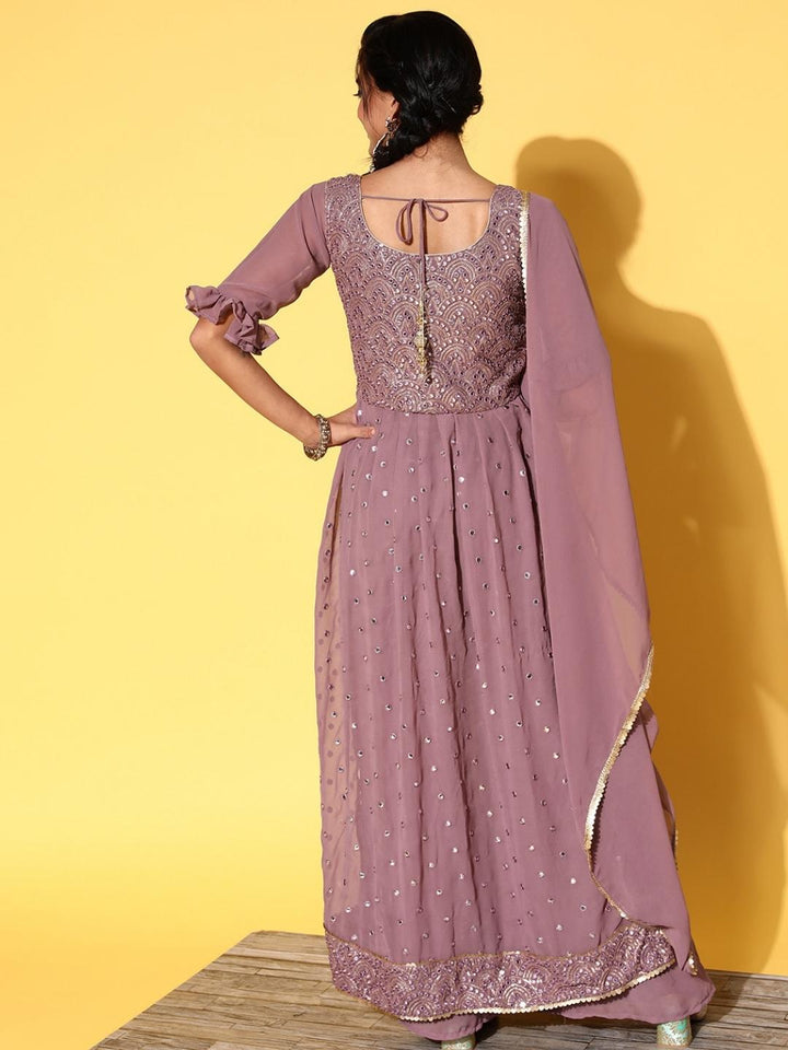 Mauve High Slit Nyraa Suit with Palazzo & Ruffled Sleeves