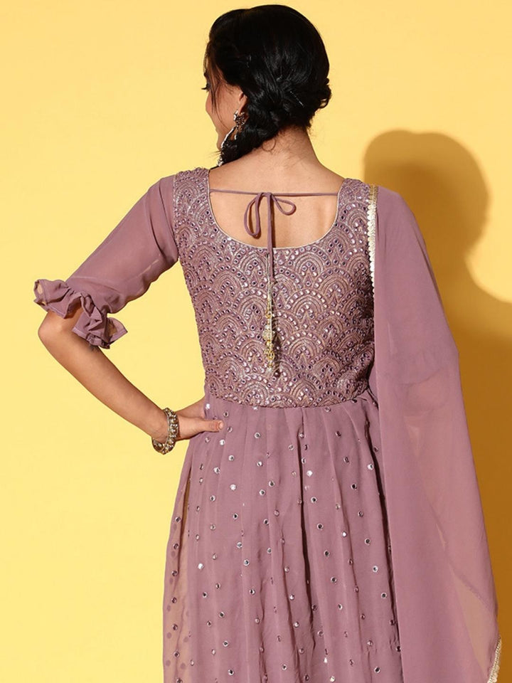Mauve High Slit Nyraa Suit with Palazzo & Ruffled Sleeves