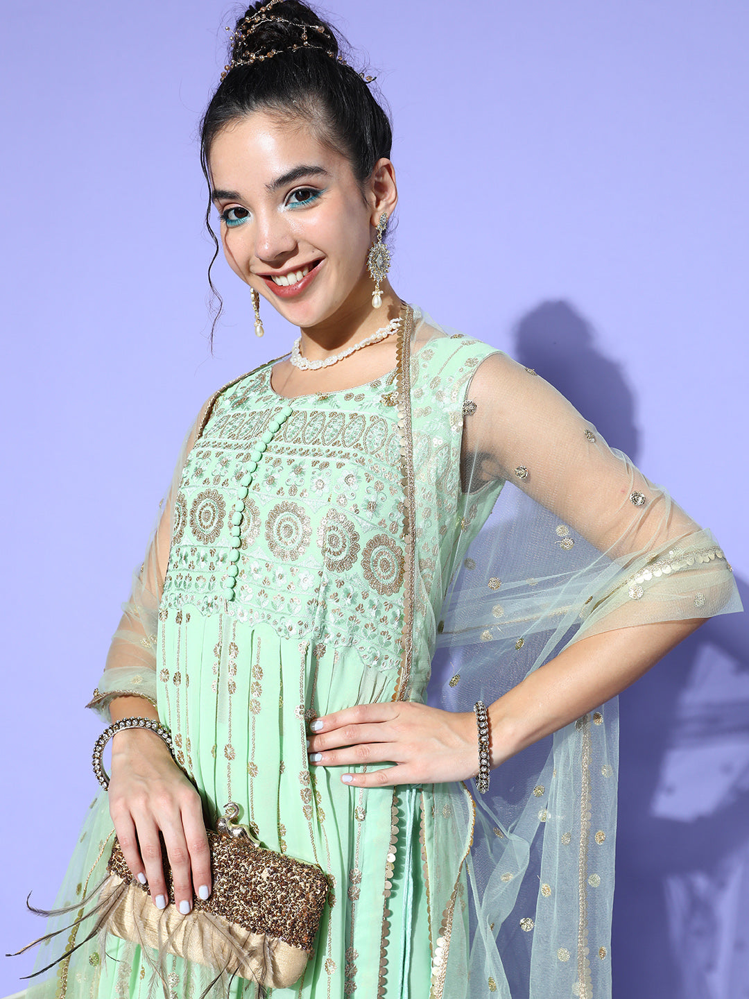 Pastel Green Sequence Georgette Kurta Palazzo Set with Laces