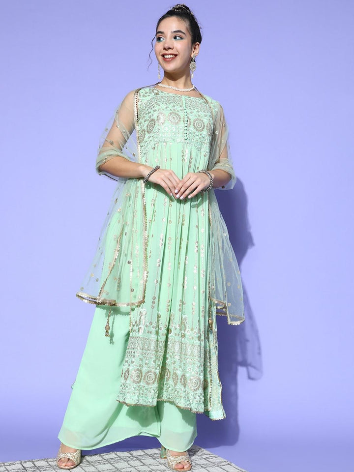 Pastel Green Sequence Georgette Kurta Palazzo Set with Laces