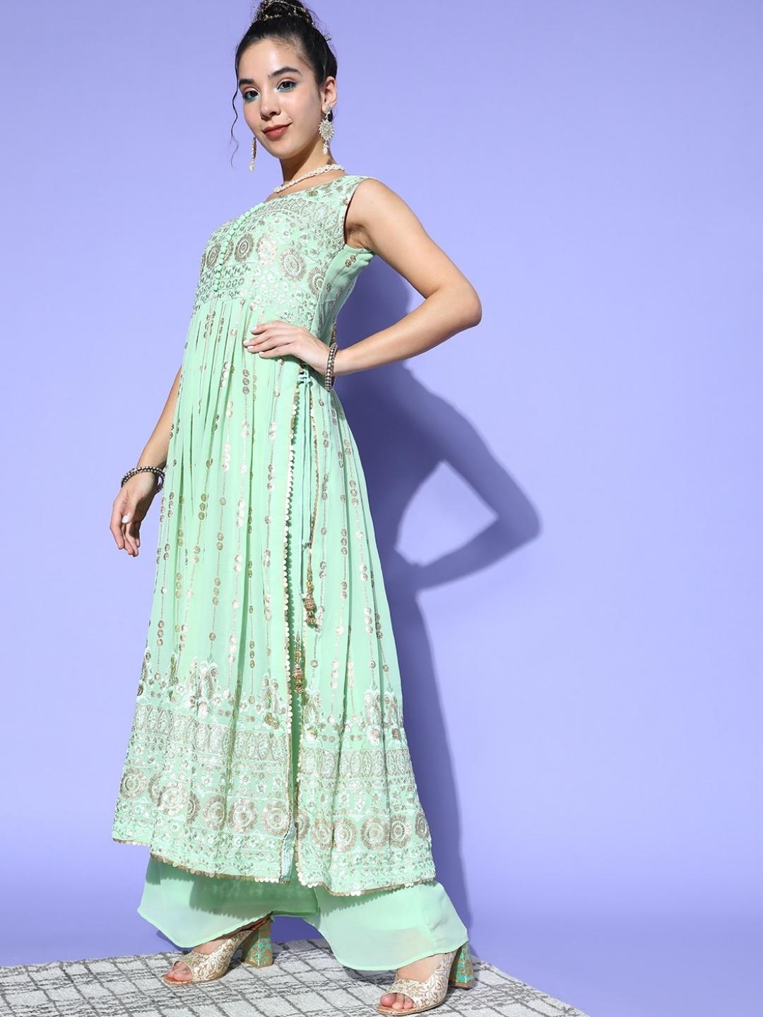 Pastel Green Sequence Georgette Kurta Palazzo Set with Laces