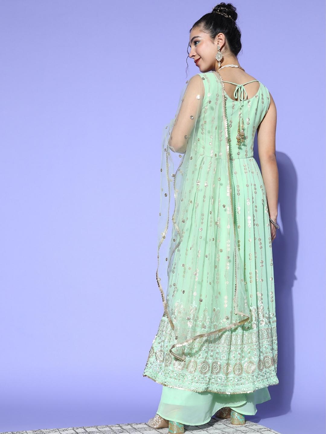 Pastel Green Sequence Georgette Kurta Palazzo Set with Laces