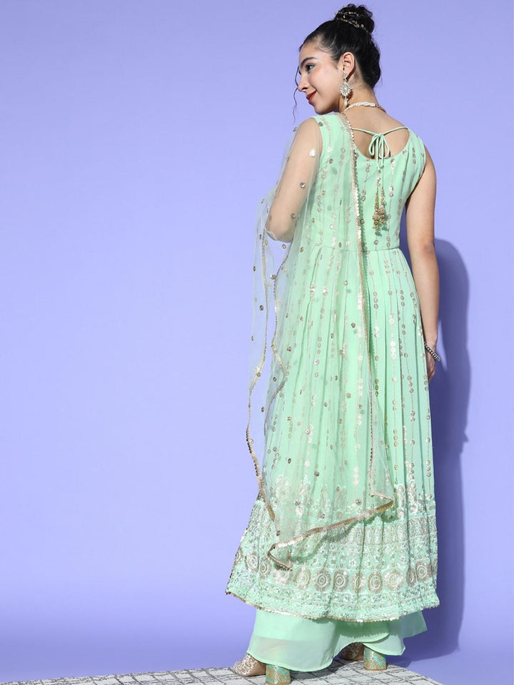 Pastel Green Sequence Georgette Kurta Palazzo Set with Laces