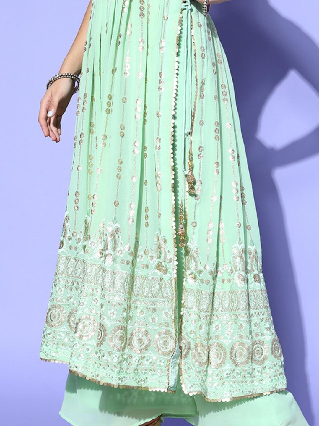 Pastel Green Sequence Georgette Kurta Palazzo Set with Laces