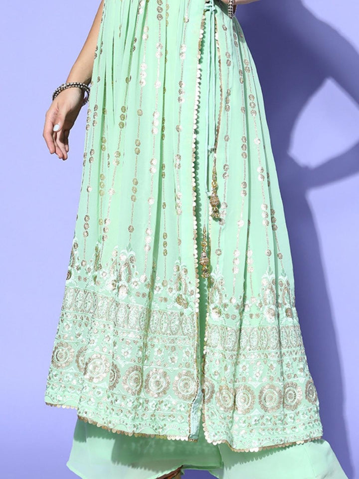 Pastel Green Sequence Georgette Kurta Palazzo Set with Laces