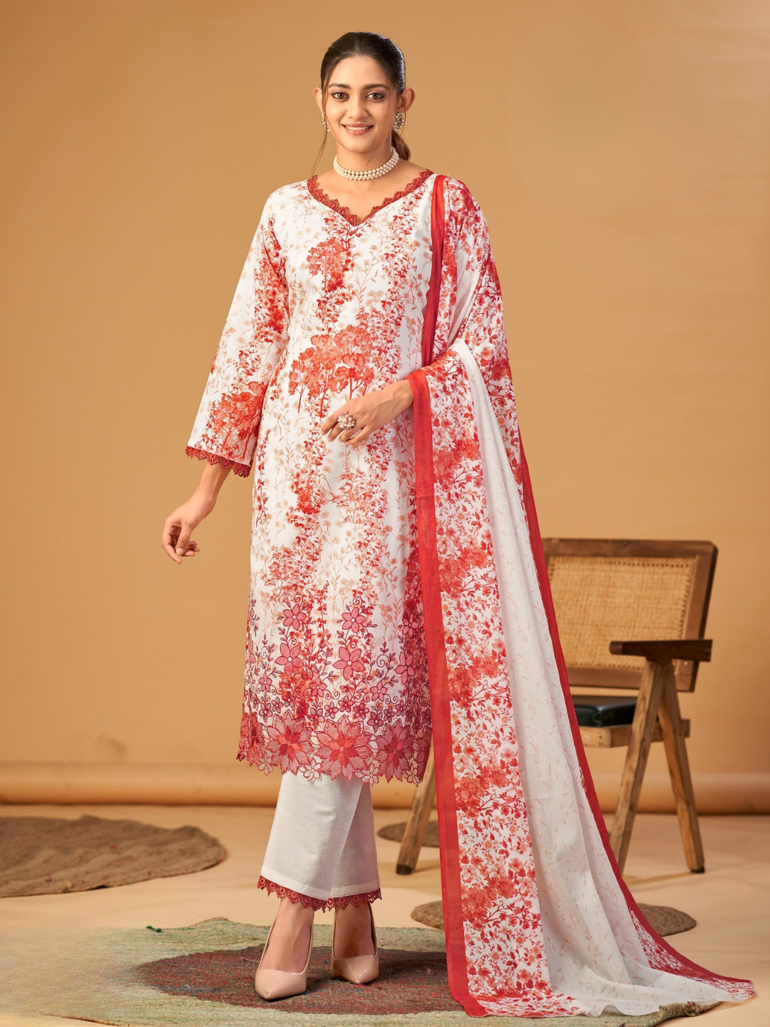 Cotton Floral Printed & Embroidered Unstitched Suit Dupatta in White & Red