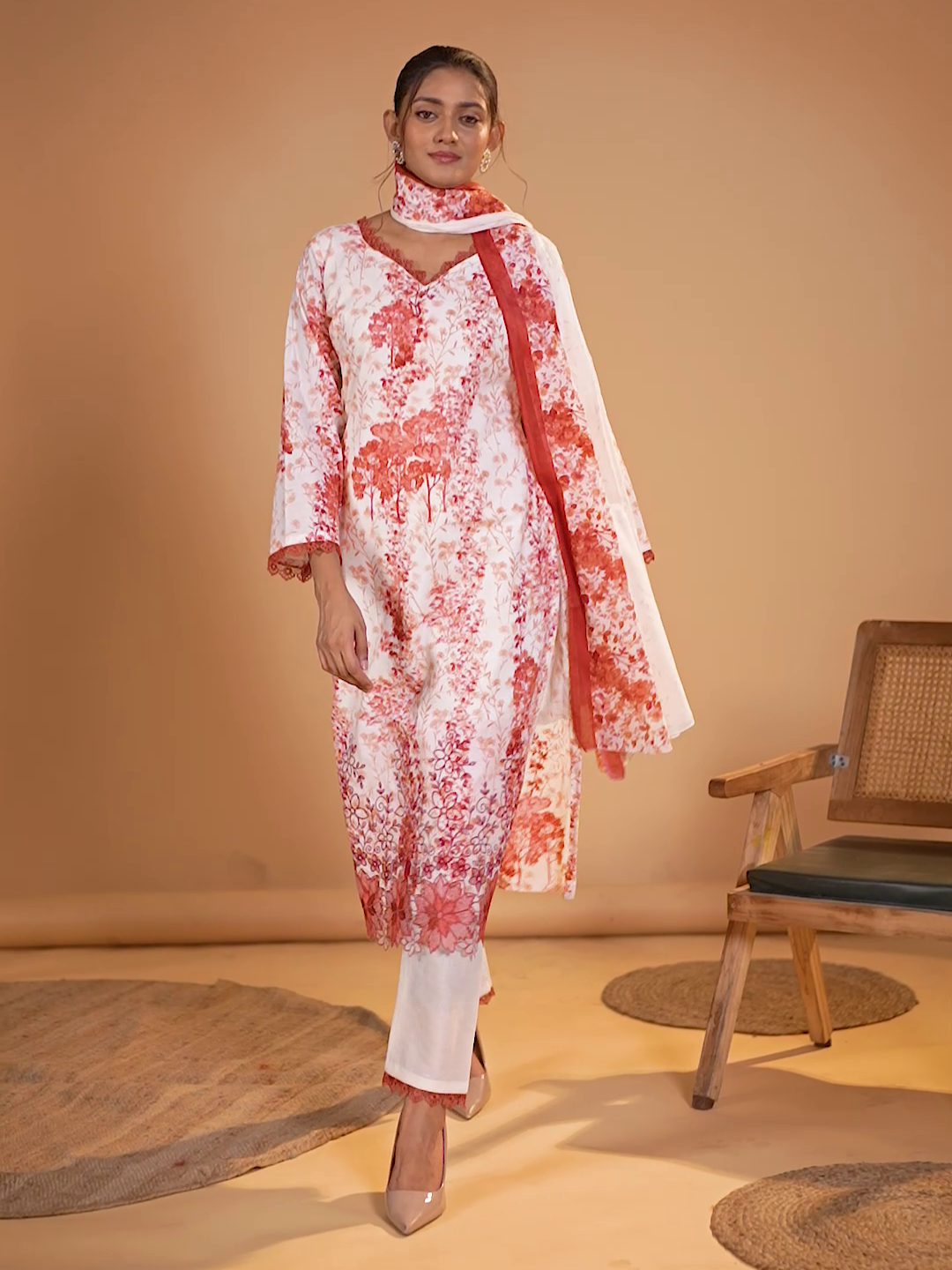 Cotton Floral Printed & Embroidered Unstitched Suit Dupatta in White & Red