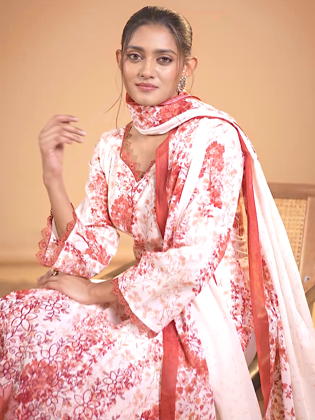 Cotton Floral Printed & Embroidered Unstitched Suit Dupatta in White & Red