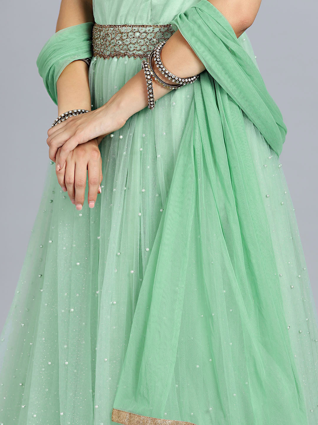 Zircon and Pearl Embellished Flared Gown