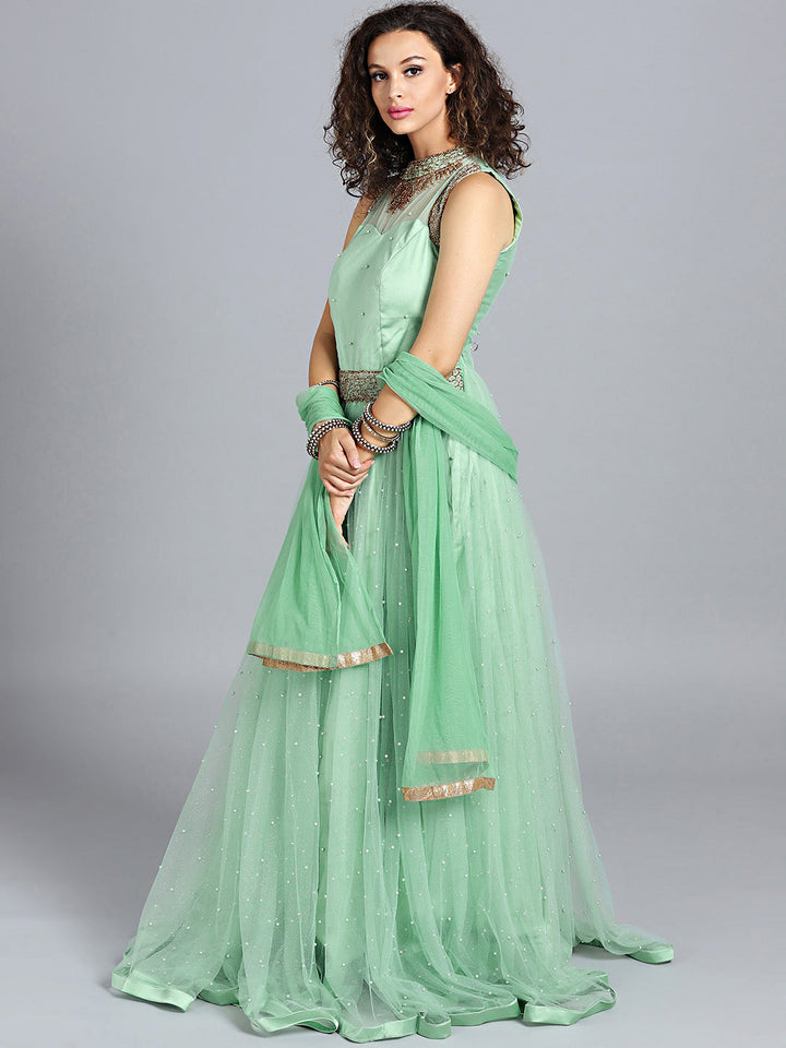 Zircon and Pearl Embellished Flared Gown