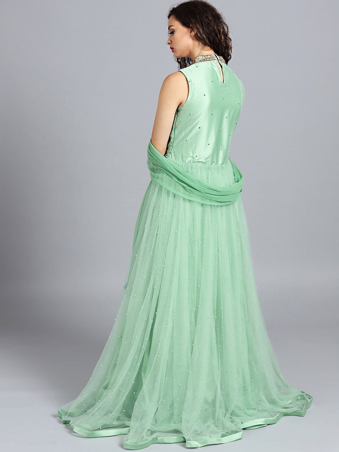 Zircon and Pearl Embellished Flared Gown