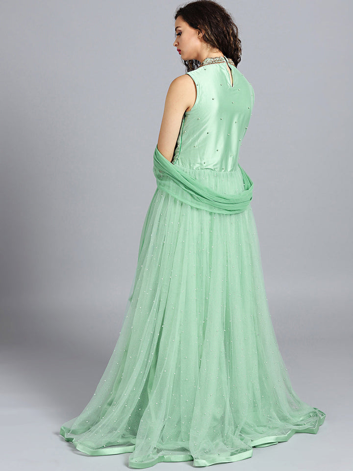 Zircon and Pearl Embellished Flared Gown