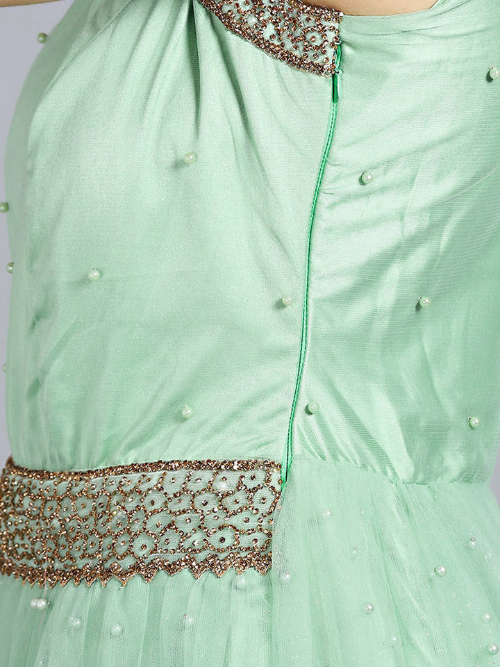 Zircon and Pearl Embellished Flared Gown