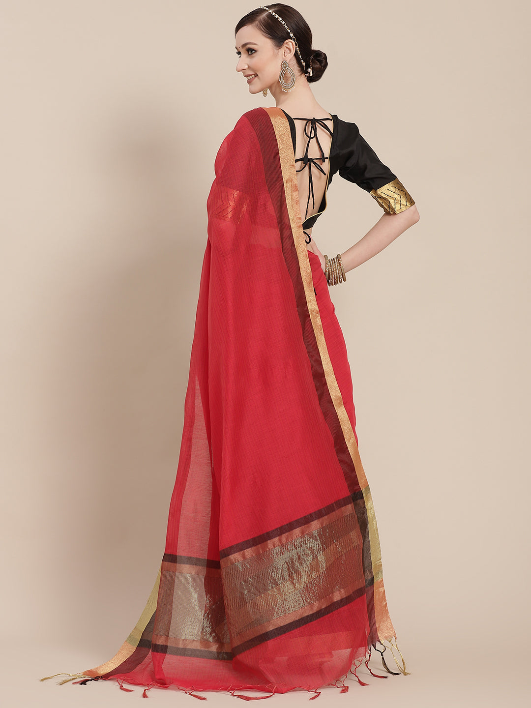 Red Chanderi Silk Banarasi Saree With Stylish Unstitch Brocade Jacket