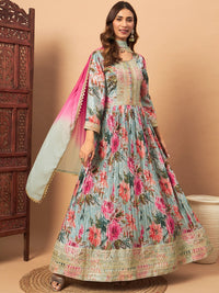 Chhabra 555 Crepe Silk Digital Print Pleated Gown with Zari Embroidery & Ombre Laced Dupatta