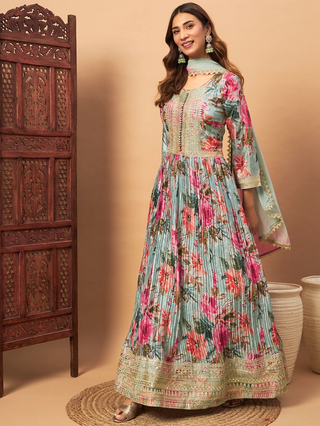 Chhabra 555 Crepe Silk Digital Print Pleated Gown with Zari Embroidery & Ombre Laced Dupatta