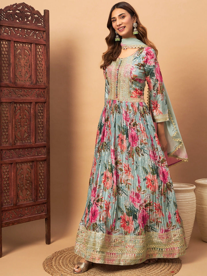 Chhabra 555 Crepe Silk Digital Print Pleated Gown with Zari Embroidery & Ombre Laced Dupatta