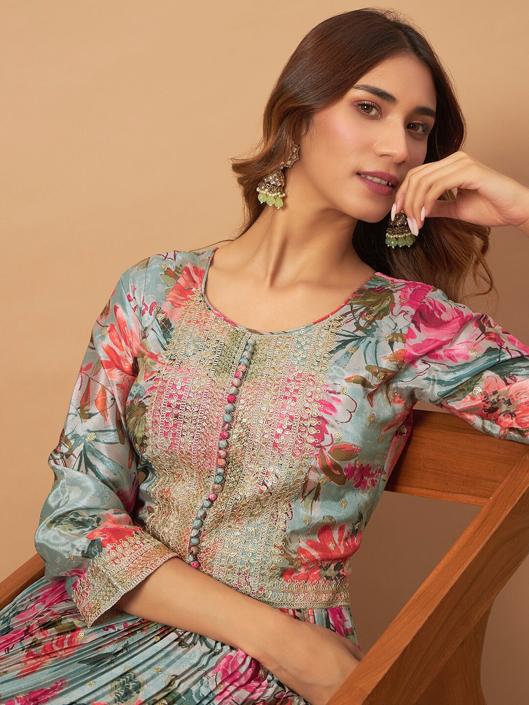 Chhabra 555 Crepe Silk Digital Print Pleated Gown with Zari Embroidery & Ombre Laced Dupatta