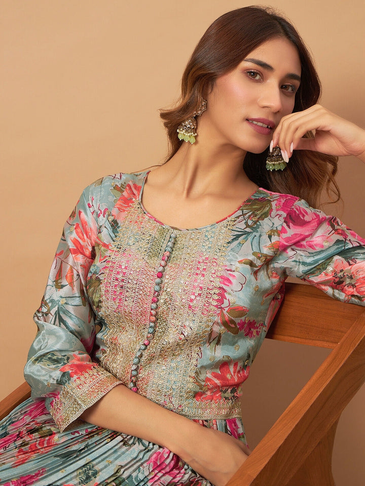 Chhabra 555 Crepe Silk Digital Print Pleated Gown with Zari Embroidery & Ombre Laced Dupatta
