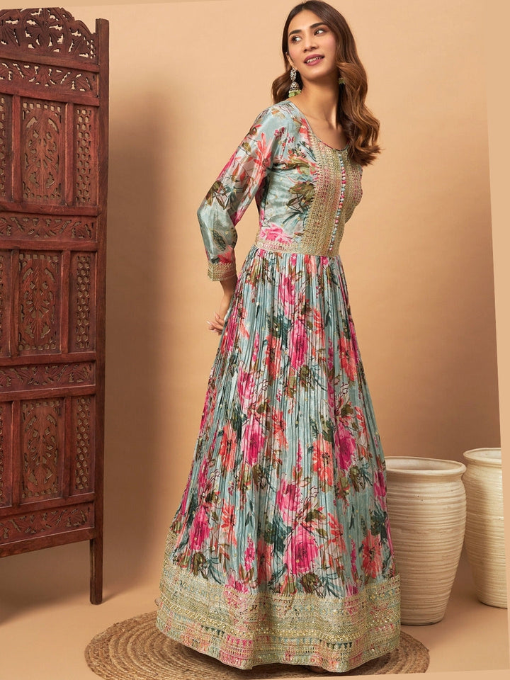 Chhabra 555 Crepe Silk Digital Print Pleated Gown with Zari Embroidery & Ombre Laced Dupatta