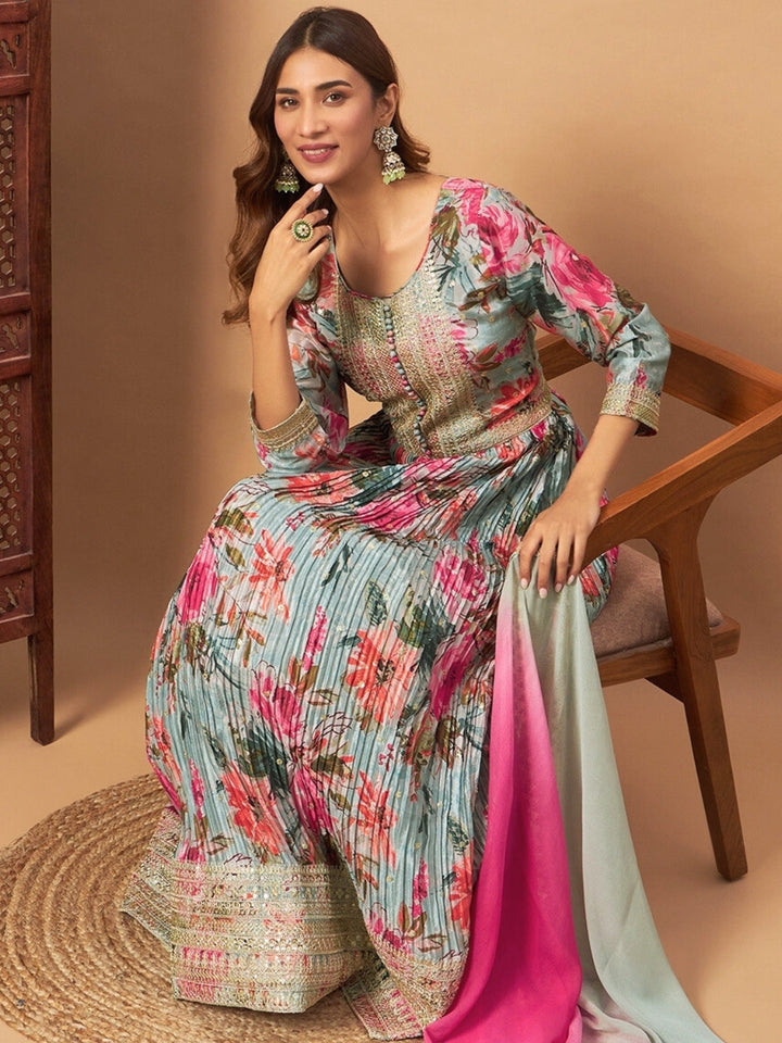 Chhabra 555 Crepe Silk Digital Print Pleated Gown with Zari Embroidery & Ombre Laced Dupatta