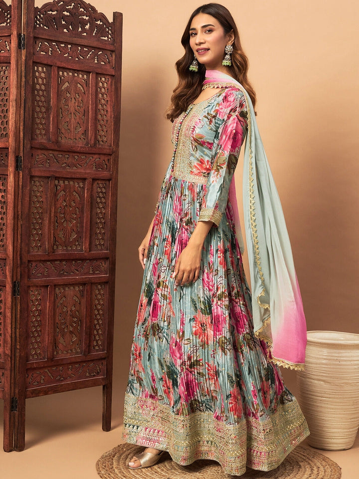Chhabra 555 Crepe Silk Digital Print Pleated Gown with Zari Embroidery & Ombre Laced Dupatta