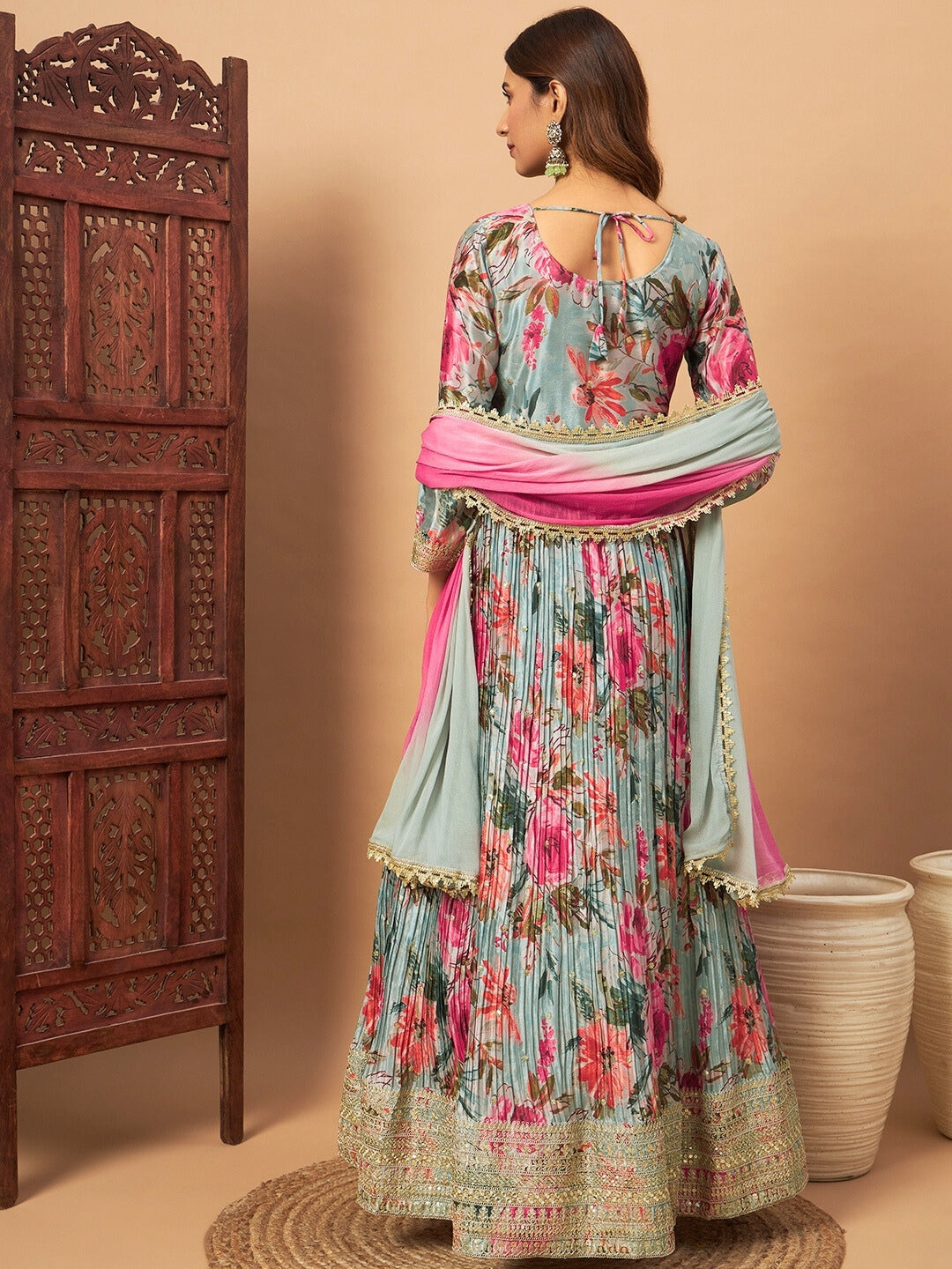 Chhabra 555 Crepe Silk Digital Print Pleated Gown with Zari Embroidery & Ombre Laced Dupatta