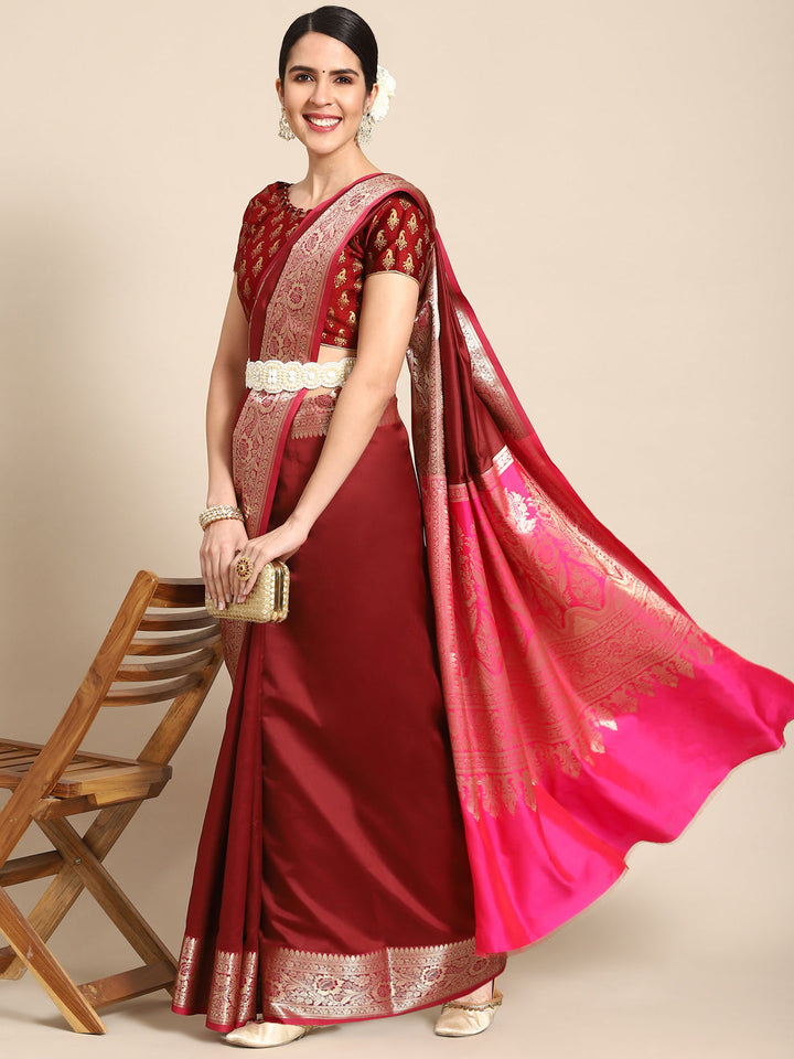 Maroon Kanjeevaram Oxidised Zari Silk Saree With Contrast Rich Pallu