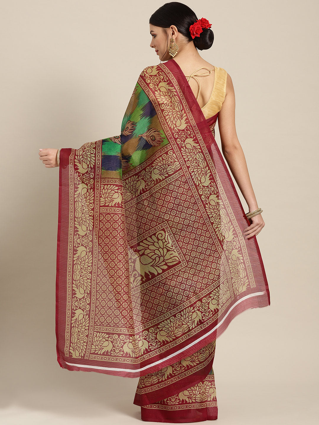 Chanderi Silk Printed Saree with Patola Animal and Floral Motifs