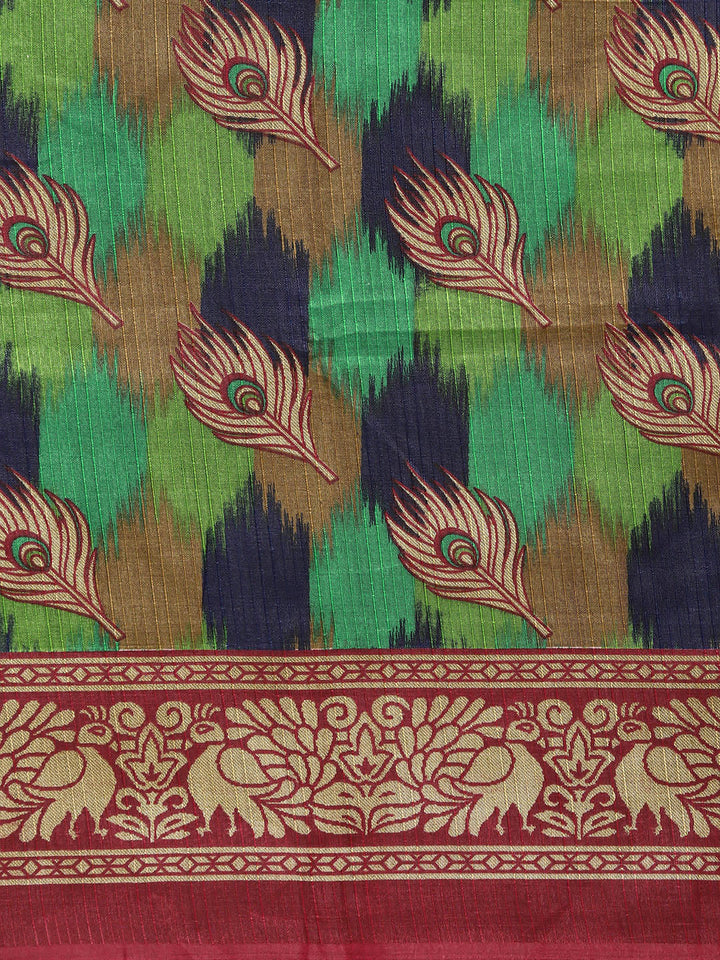 Chanderi Silk Printed Saree with Patola Animal and Floral Motifs