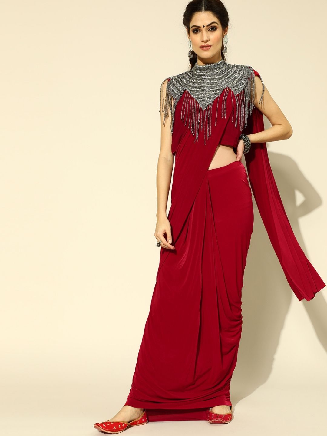 Red Ruffled Pre-Draped Saree with Tribal Embellished Necklace with Tassles