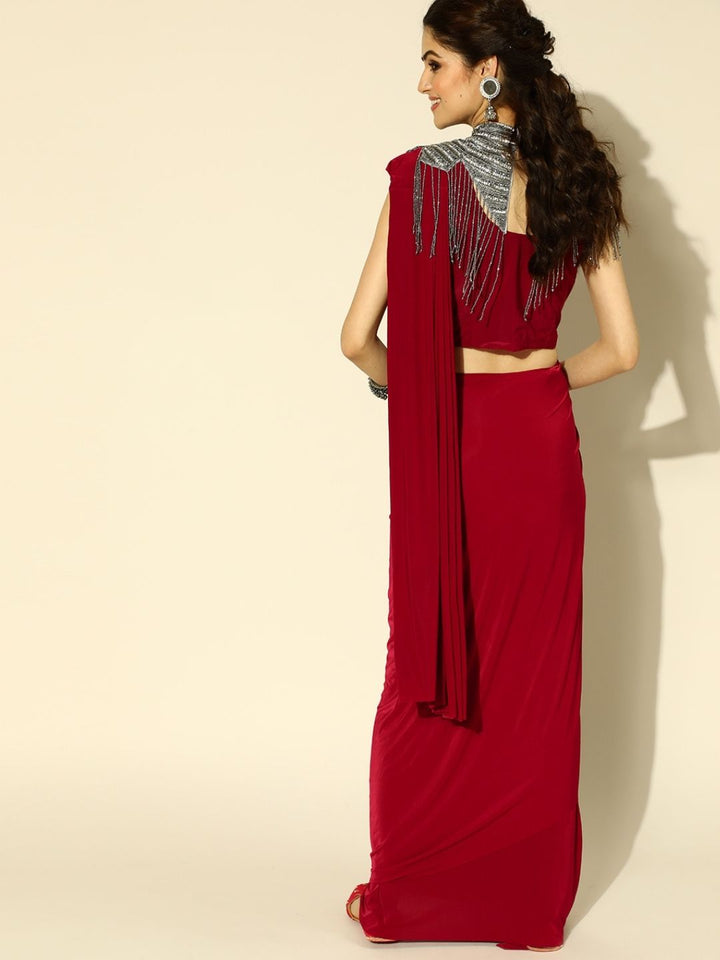 Red Ruffled Pre-Draped Saree with Tribal Embellished Necklace with Tassles