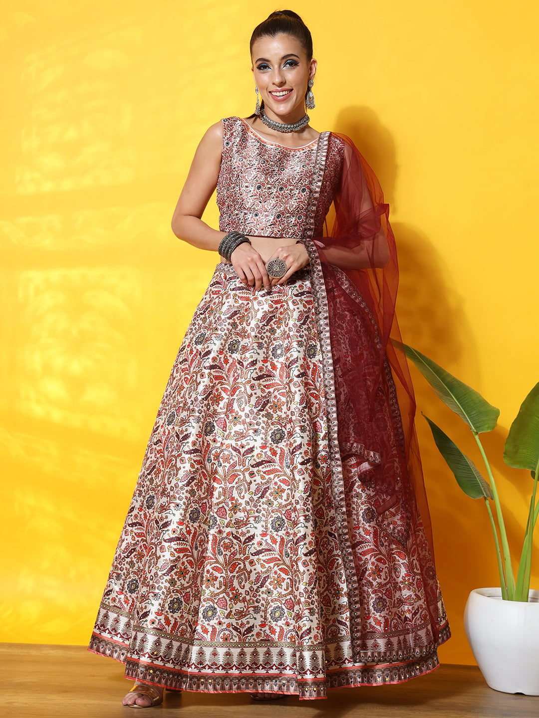 Kalamkari Inspired Cream Digital Print Silk Lehenga Set