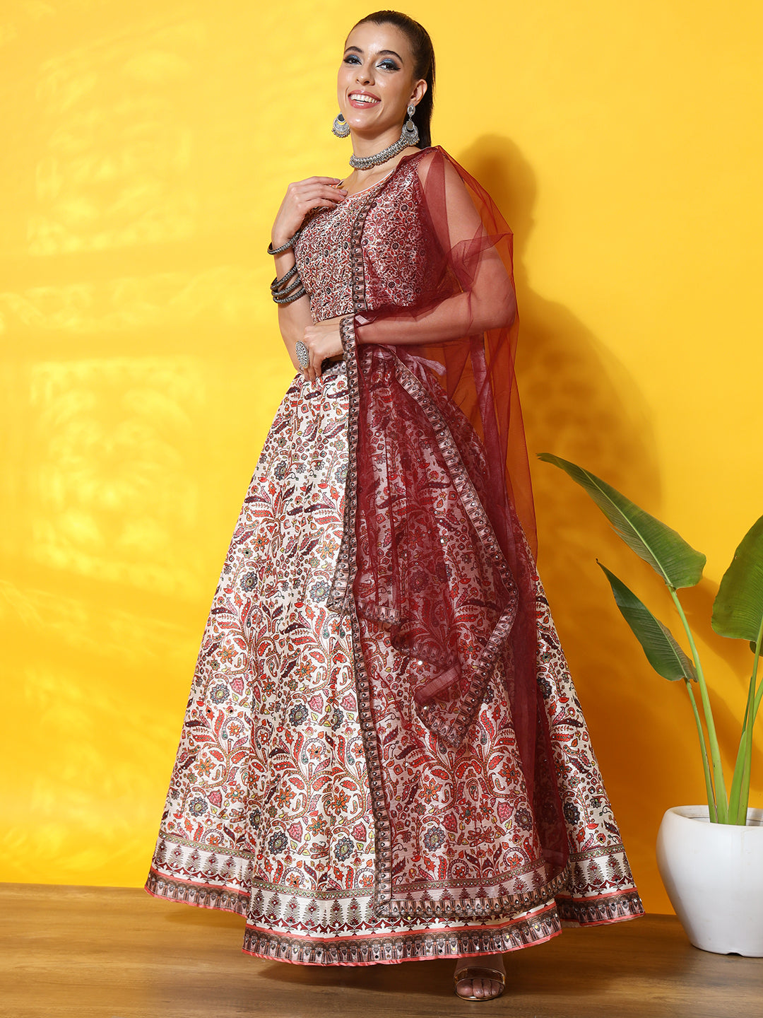 Kalamkari Inspired Cream Digital Print Silk Lehenga Set