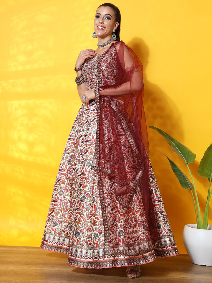 Kalamkari Inspired Cream Digital Print Silk Lehenga Set