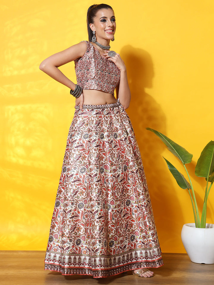 Kalamkari Inspired Cream Digital Print Silk Lehenga Set