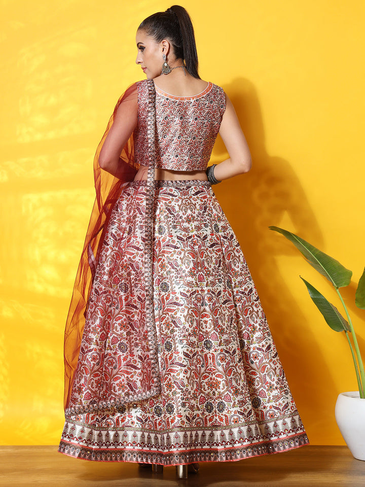 Kalamkari Inspired Cream Digital Print Silk Lehenga Set